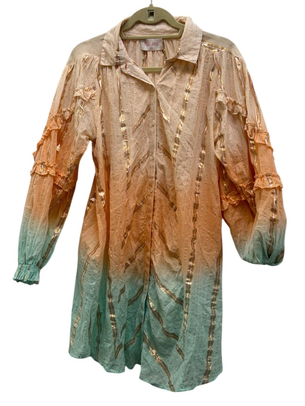 Miss June Paris Ombre Metallic Stripe Shirt Dress Peach Mint Boho Tunic one size